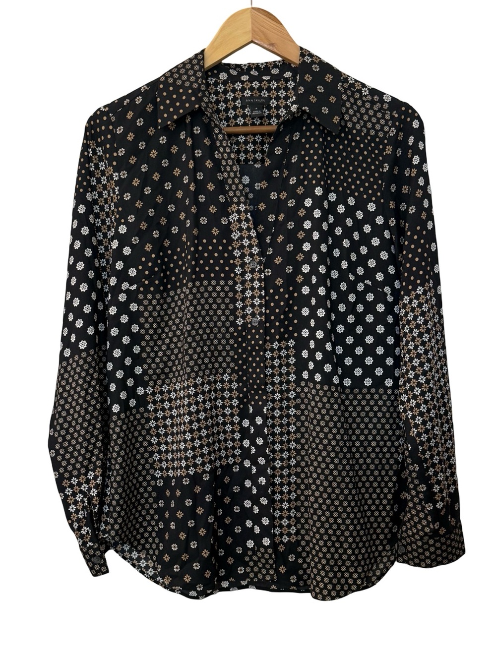 Ann Taylor Black Floral and Dot Mix Button-Down Top